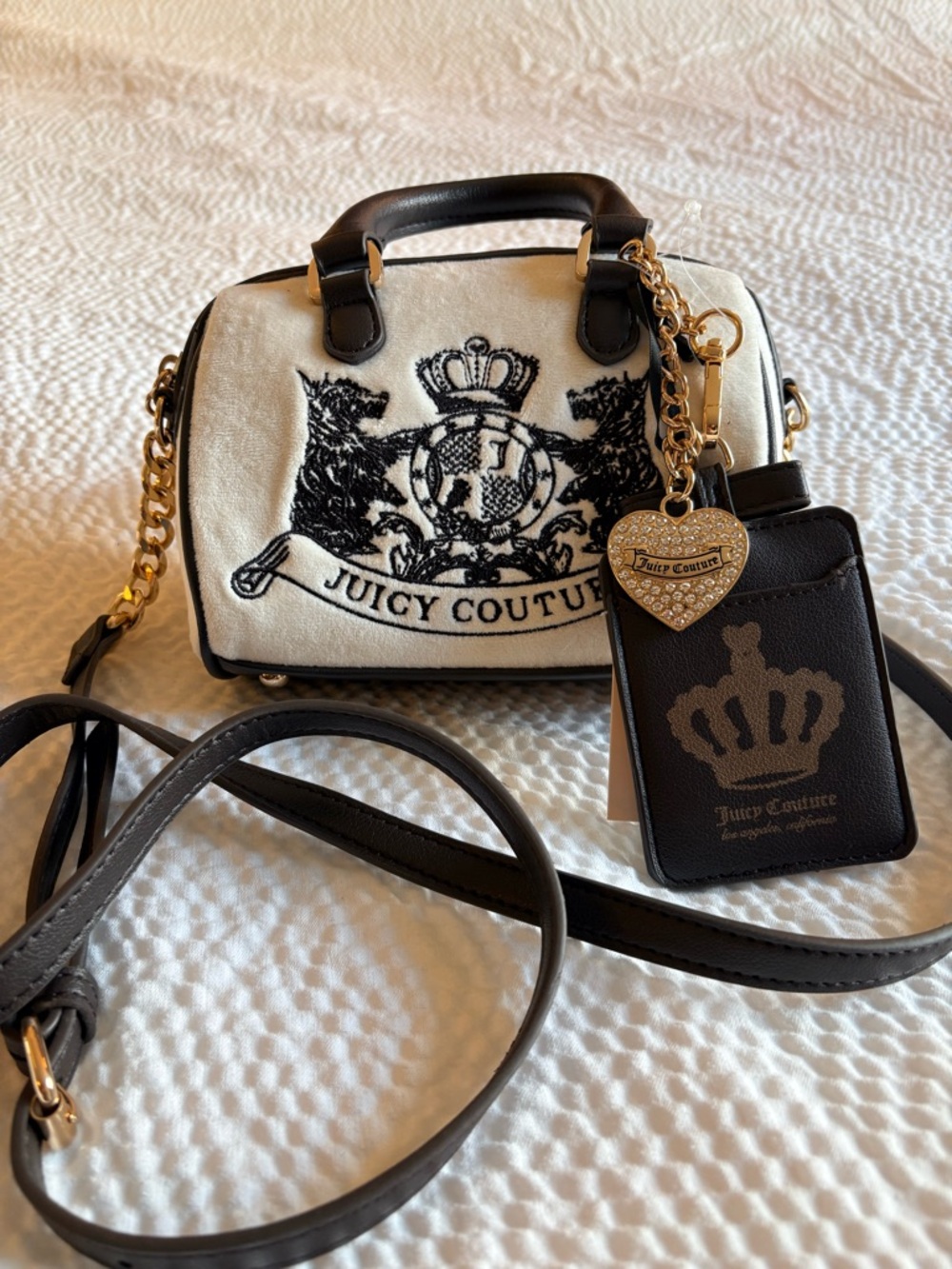 NWT Juicy Couture Cream & Brown Classic Scottie Dogs Mini Satchel in Crystal